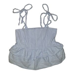 Lost+Wander Shoulder Ties Cropped Ruffled Top Blue Striped Womens size S Cottage